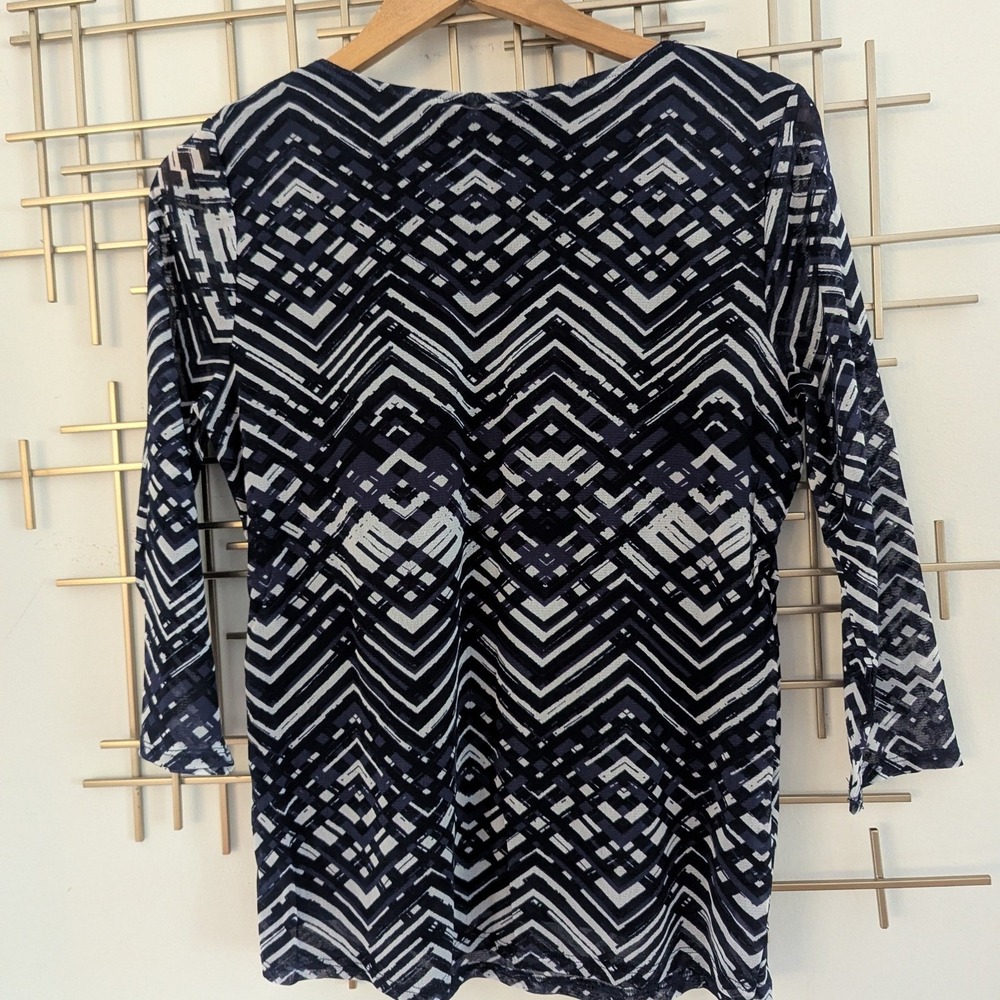 Alfani Blouse Navy Geometric Tiered Ruffle 3/4 Sleeve Sz L Office Modern